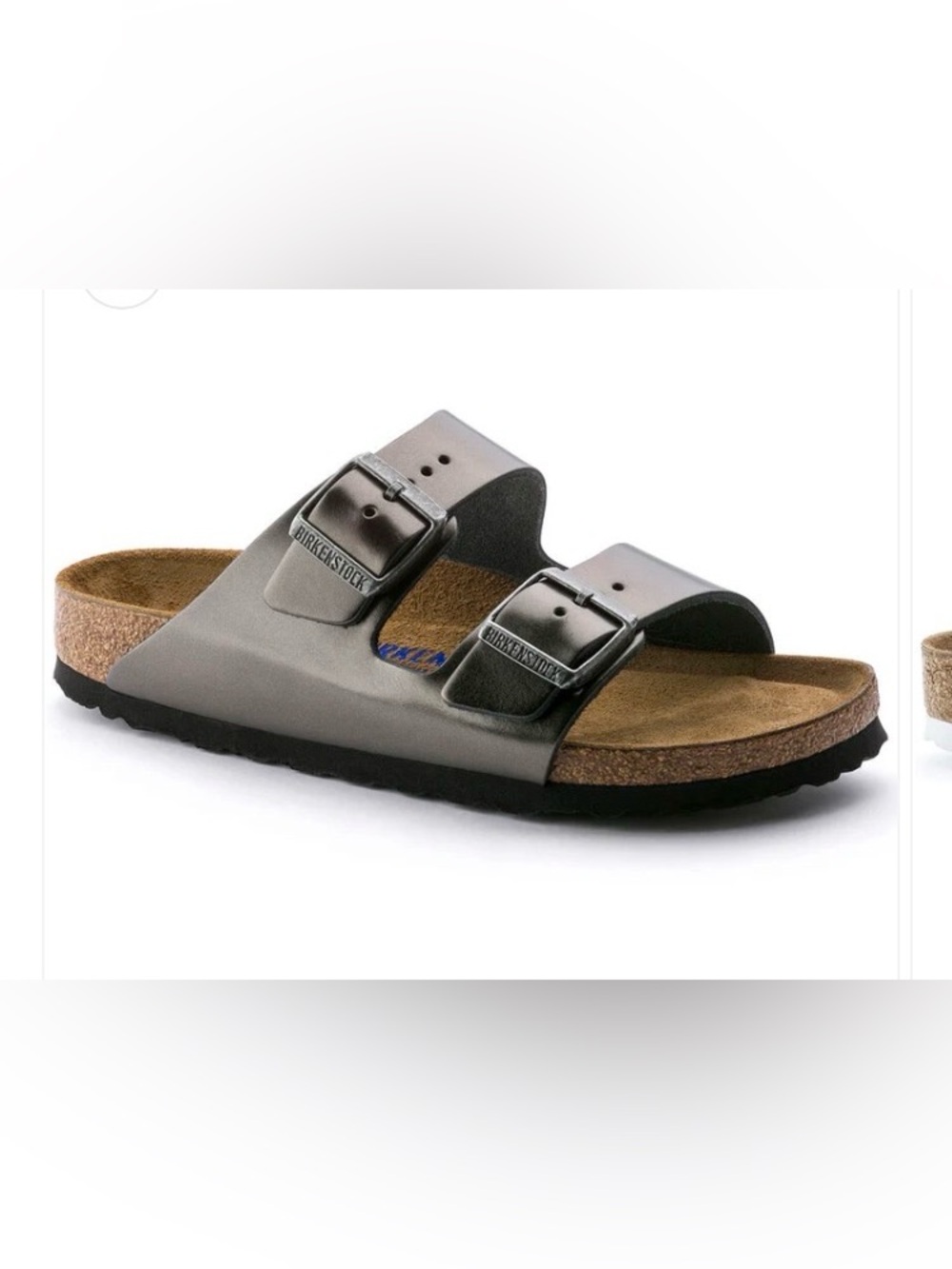BIRKENSTOCK ARIZONA SOFT FOOTBED METALLIC SILVER TWO STRAP BUCKLE LEATHER SZ 39